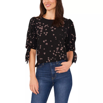 Women's Bow Detail Printed Puff Sleeve Blouse Top