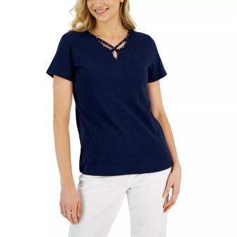 Women's Cotton Rhinestone Keyhole Short-Sleeve Top, Created for Macy's