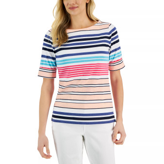 Women's Striped Boat-Neck Elbow-Sleeve Top, Created for Macy's