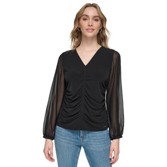 Women's Ruched Chiffon-Sleeve V-Neck Top