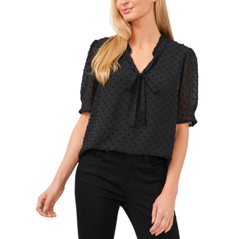 Women's Short Sleeve Cotton Clip-Dot Bow Neck Blouse