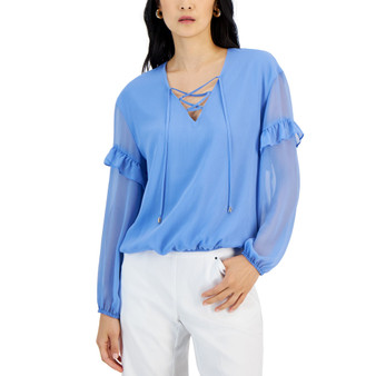 Women's Lace-Up Ruffle-Sleeve Blouse, Created for Macy's