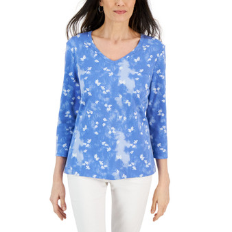 Women's 3/4 Sleeve V-Neck Printed Knit Top, Created for Macy's