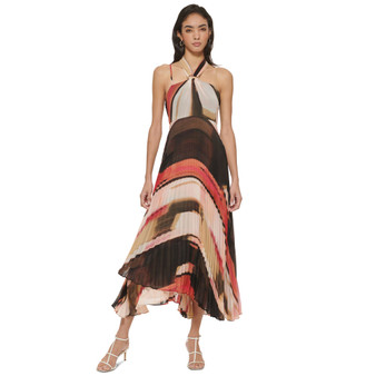 Women's Printed Halter-Neck Pleated Chiffon Dress