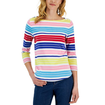 Petite Cotton Striped 3/4-Sleeve T-Shirt, Created for Macy's