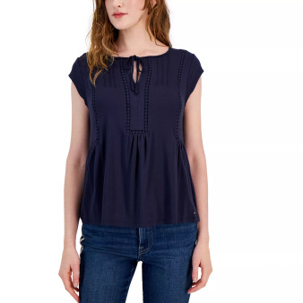 Women's Solid Pintuck Crochet-Trim Top