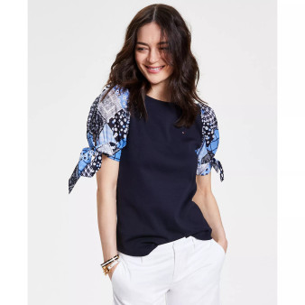 Women's Cotton Mixed-Media Tie-Sleeve Top