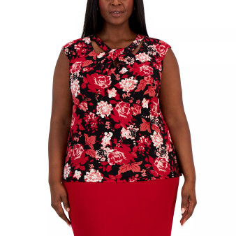 Plus Size Printed Stretch Knit Sleeveless Twist-Neck Top
