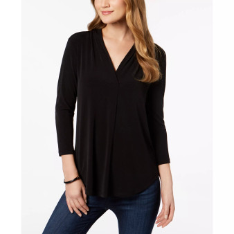 Petite 3/4-Sleeve Pleated V-neck Top, Created for Macy's
