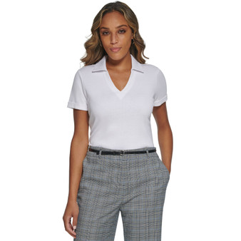 Women's Solid Collared V-Neck Cuffed-Sleeve Shirt