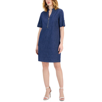 Women's Zippered-Neck Tab-Cuff Shift Dress