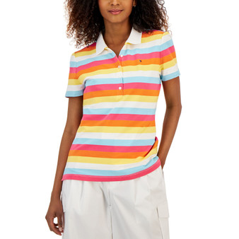 Women's Short Sleeve Striped Rainbow Polo Top