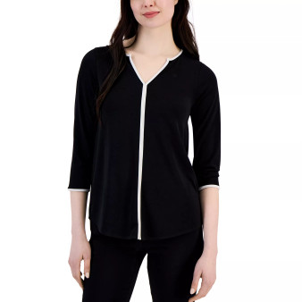 Women's Piped Split-Neck 3/4-Sleeve Top, Created for Macy's
