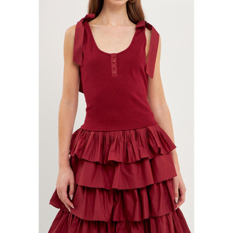 Women's Mixed Media Bow Tie Ribbed Henley Top