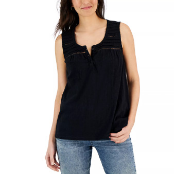 Petite Cotton Crochet-Trimmed Tucked Top, Created for Macy's