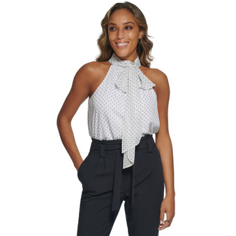 Women's Clip-Dot Sleeveless Tie-Neck Halter Top