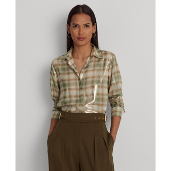 Women's Shadow-Plaid Metallic Georgette Shirt