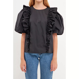Women's Double Ruffle Poplin Puff Sleeve Blouse