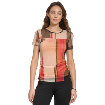 Women's Short Sleeve Printed Mesh Overlay Top