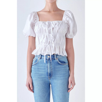 Women's Tie Detail Shirring Top with Short Sleeves