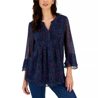 Petite Pleated Paisely Pintuck Top, Created for Macy's