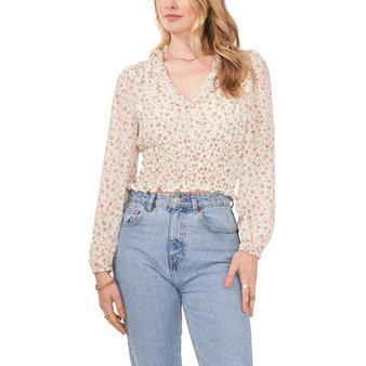 Women's Long Sleeve V-Neck Smocked Waist Top