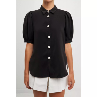 Women's Jewel Button Puff Sleeve Top