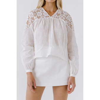 Women's Lace Yoke With Long Sleeve Blouse
