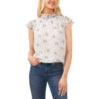 Women's Mock-Neck Flutter-Sleeve Floral-Print Blouse