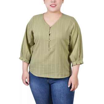 Plus Size 3/4 Sleeve Button Placket Jacquard Blouse