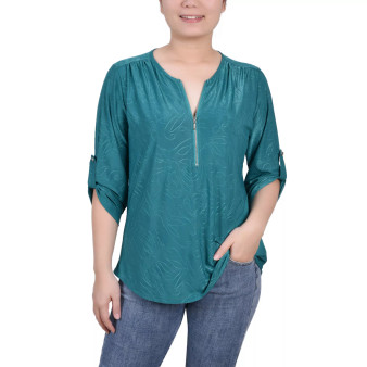 Petite 3/4 Roll Tab Zip Front Jacquard Knit Top