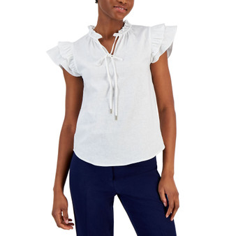 Women's Linen  Ruffle-Sleeve Tie-Neck Blouse