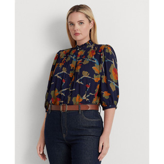 Plus Size Ruffle-Trimmed Band Collar Top