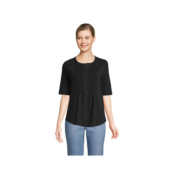 Women's Elbow Sleeve Light Weight Jersey Button Front Pintuck Top