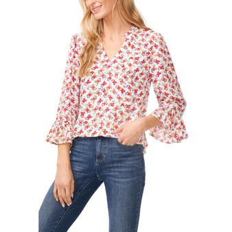 Women's Elbow Sleeve Ruffled V-neckline Blouse