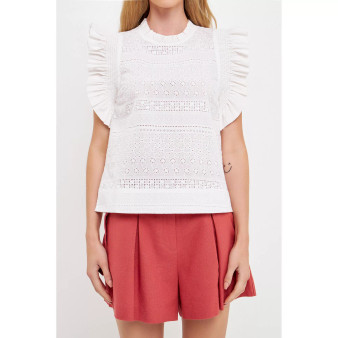 Women's Ruffle Sleeve Embroidered Cotton Top