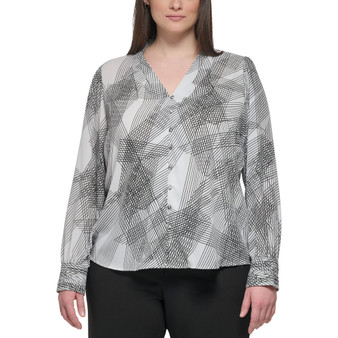 PRINTED LONG SLEEVE V-NECK WITH BUTTON FRONT DETAIL