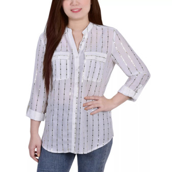 Petite Size 3/4 Sleeve Roll Tab Blouse with Metallic Details Top