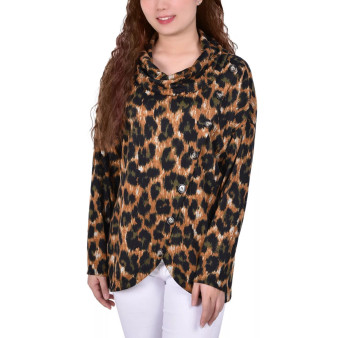 Petite Long Sleeve Knit Cowl Neck Top with Crossover Styling