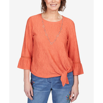 Women's Moody Blues Gauze Tie Front Bell Sleeve Top with Necklace