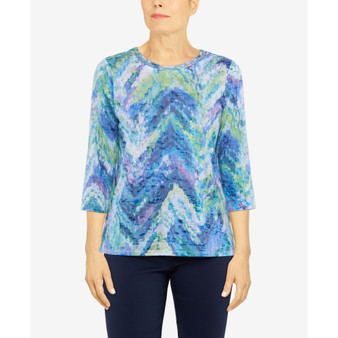 Petite Moody Blues 3/4 Sleeve Ikat Chevron Printed Top