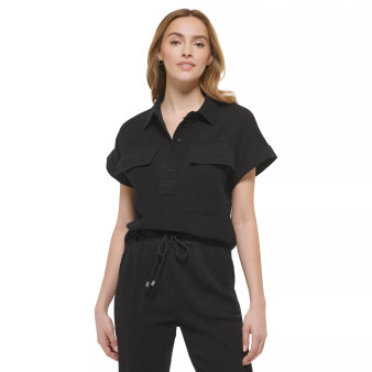 Textured Cotton Pullover Camp Shirt