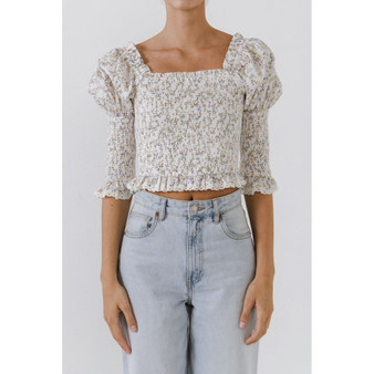 Women's Smocked Sleeved Puff Sleeve Ruffled Top
