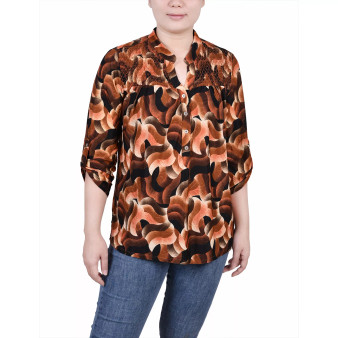 Petite 3/4 Roll Tab Sleeve Smocked-Yoke Top