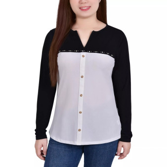 Petite Long Sleeve Studded Colorblocked Split Neck Top