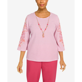 Women's Hot Stripe Embroidered Sleeve Top with Necklace