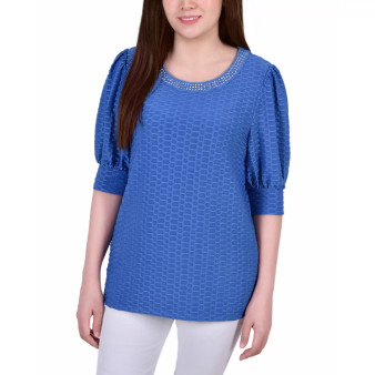 Petite Puff Sleeve Honeycomb Knit Top