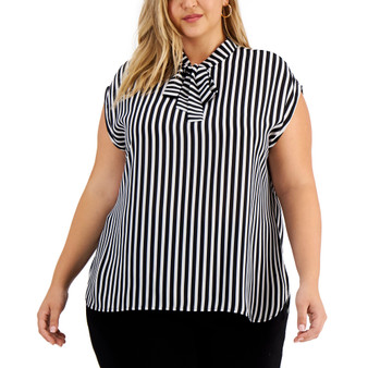 Trendy Plus Size Tie-Neck Striped Top, Created for Macy's