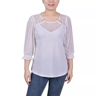 Petite 3/4 Sleeve Ringed Mesh Top