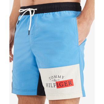 Men's Regular-Fit Colorblocked Logo-Print 7" Swim Trunks